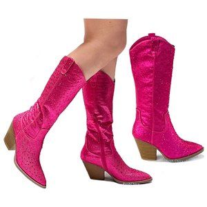 New Fuchsia Pink Rhinestone Knee High Cowboy Boots